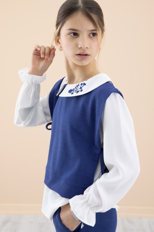 Lacivert Yakası Nakışlı Gömlekli Süveterli Kız Çocuk 3lü Takım 20269