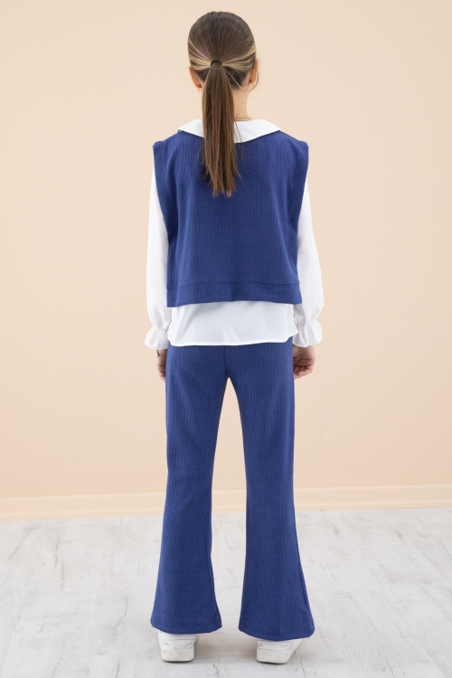 Lacivert Yakası Nakışlı Gömlekli Süveterli Kız Çocuk 3lü Takım 20269