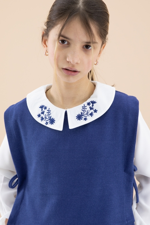 Lacivert Yakası Nakışlı Gömlekli Süveterli Kız Çocuk 3lü Takım 20269