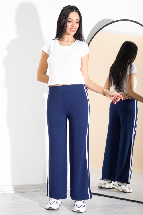 Lacivert Yanları Şeritli Geniş Paça Kadın Eşofman Altı 20367