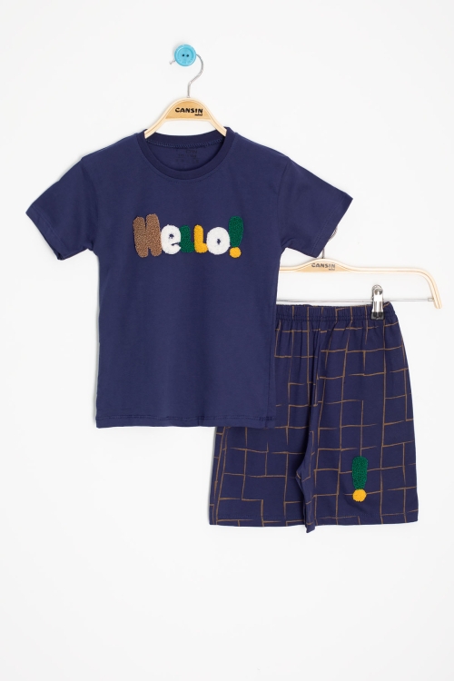 Lacivert Yazı Nakışlı Kısa Kol Tişörtlü Erkek Çocuk Şortlu Takım 20592