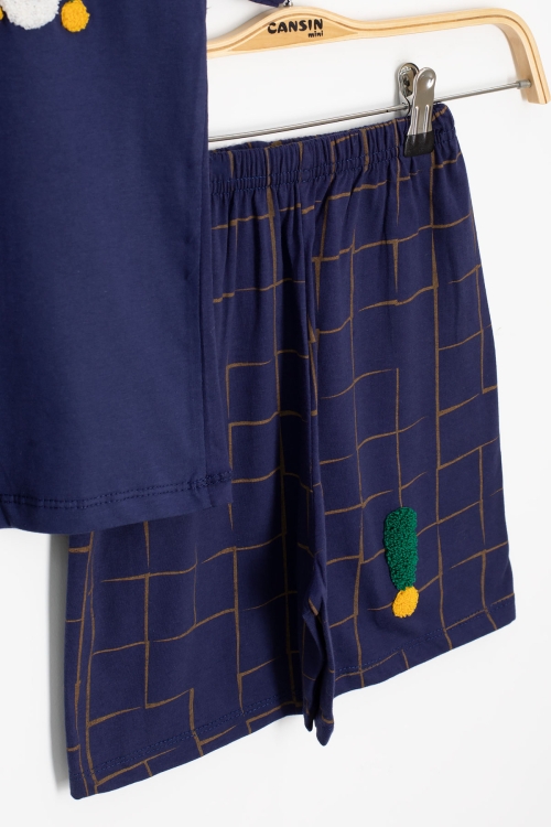 Lacivert Yazı Nakışlı Kısa Kol Tişörtlü Erkek Çocuk Şortlu Takım 20592