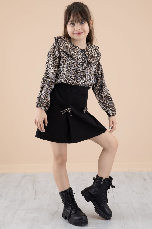 Leopar Desenli Bluzlu Fiyonklu Etekli Kız Çocuk Takım 20338
