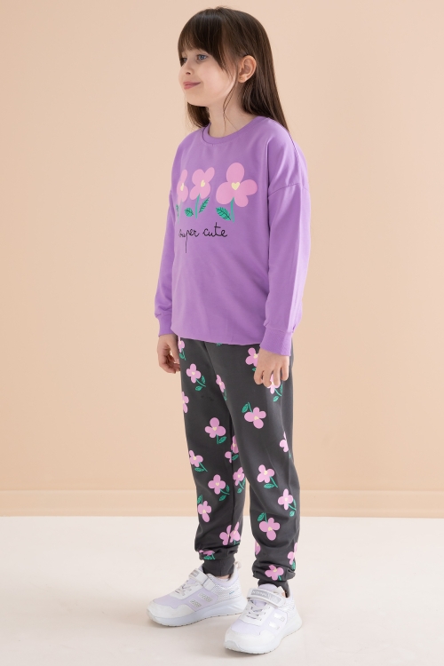Lila Çiçek Baskılı Bisiklet Yaka Kız Çocuk Eşofman Takımı 20145