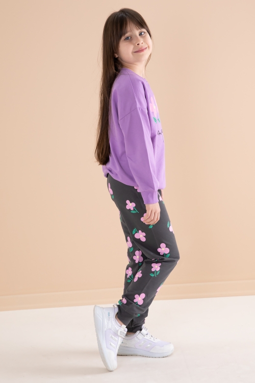 Lila Çiçek Baskılı Bisiklet Yaka Kız Çocuk Eşofman Takımı 20145