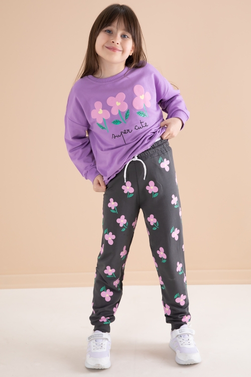 Lila Çiçek Baskılı Bisiklet Yaka Kız Çocuk Eşofman Takımı 20145