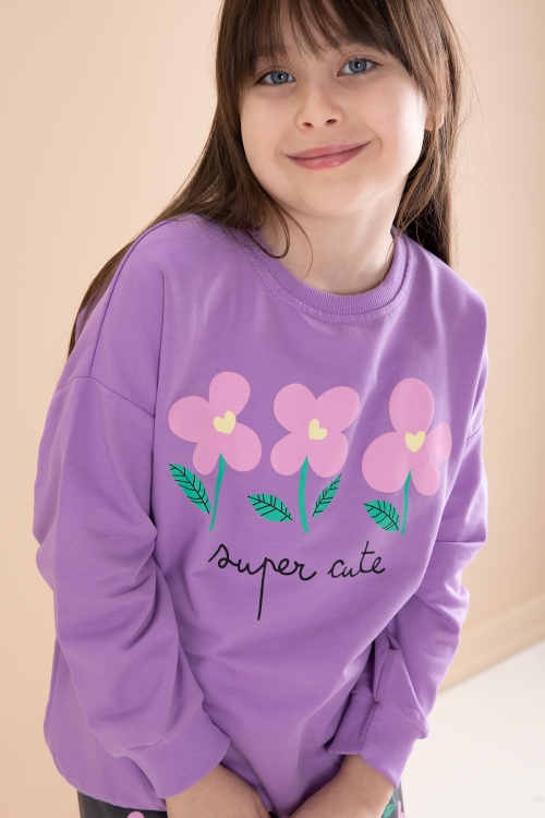 Lila Çiçek Baskılı Bisiklet Yaka Kız Çocuk Eşofman Takımı 20145