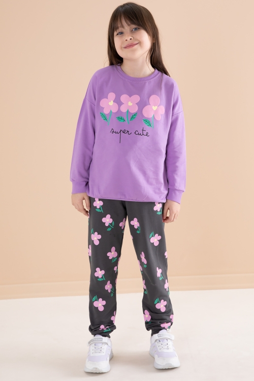 Lila Çiçek Baskılı Bisiklet Yaka Kız Çocuk Eşofman Takımı 20145