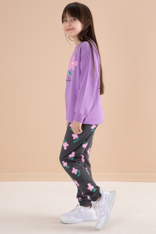 Lila Çiçek Baskılı Bisiklet Yaka Kız Çocuk Eşofman Takımı 20145
