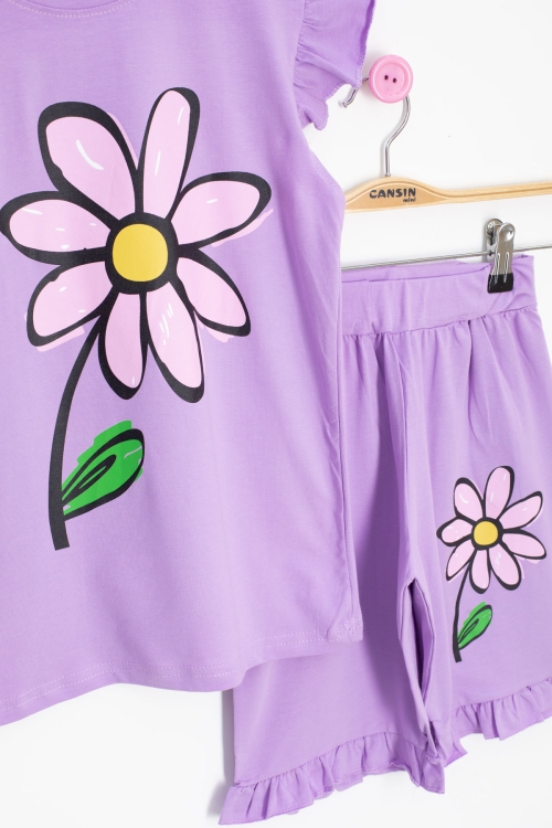 Lila Papatya Baskılı Fırfır Detaylı Kız Çocuk Şortlu 2li Takım 20604