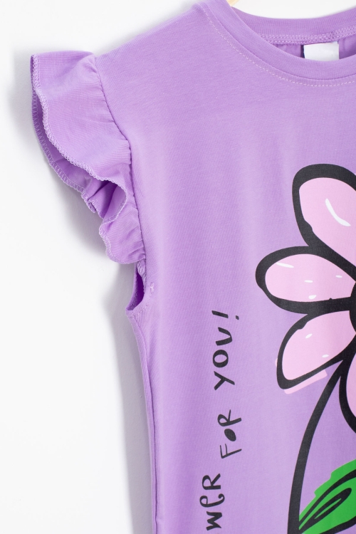 Lila Papatya Baskılı Fırfır Detaylı Kız Çocuk Şortlu 2li Takım 20604