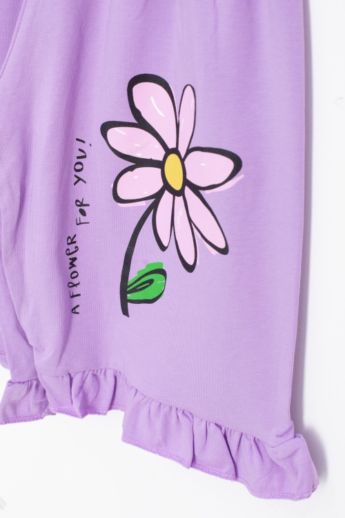 Lila Papatya Baskılı Fırfır Detaylı Kız Çocuk Şortlu 2li Takım 20604