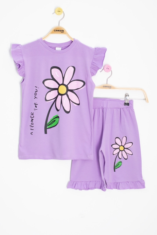 Lila Papatya Baskılı Fırfır Detaylı Kız Çocuk Şortlu 2li Takım 20604