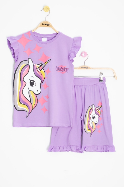 Lila Unicorn Baskılı Kız Çocuk Şortlu 2li Takım 20611