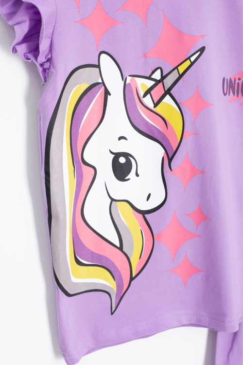 Lila Unicorn Baskılı Kız Çocuk Şortlu 2li Takım 20611