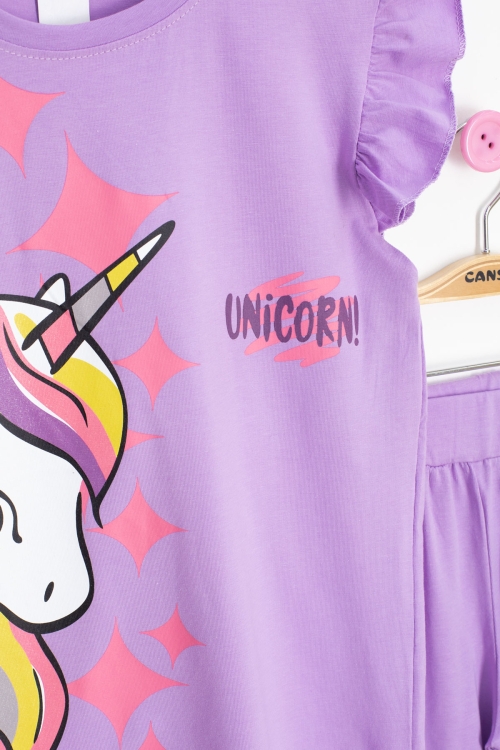 Lila Unicorn Baskılı Kız Çocuk Şortlu 2li Takım 20611