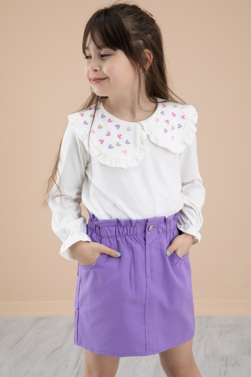 Lila Yakası Kalp Nakışlı Badili Jean Etekli Kız Çocuk Takım 20335