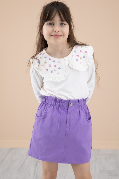 Lila Yakası Kalp Nakışlı Badili Jean Etekli Kız Çocuk Takım 20335