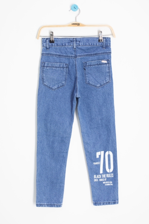 Mavi Arkası Yazı Baskılı Dar Paça Erkek Çocuk Jean Pantolon 20420