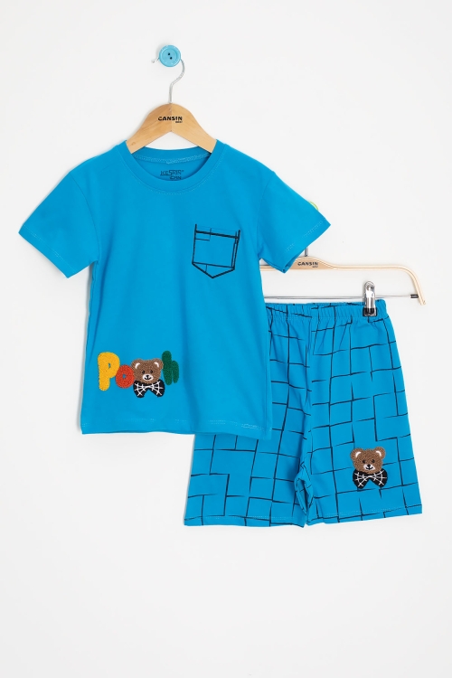 Mavi Ayıcık Nakışlı Kısa Kol Tişörtlü Erkek Çocuk Şortlu Takım 20583