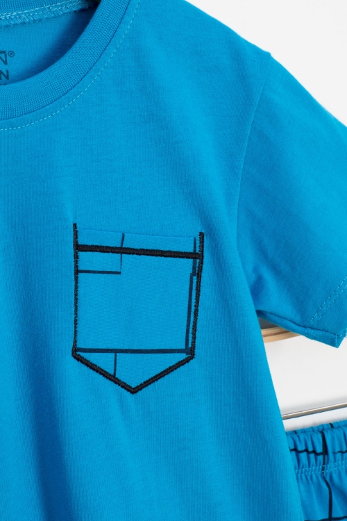 Mavi Ayıcık Nakışlı Kısa Kol Tişörtlü Erkek Çocuk Şortlu Takım 20583