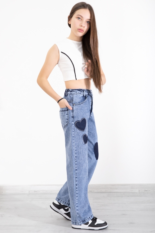Mavi Beli Lastikli Geniş Paça Kalp Desenli Kız Çocuk Jean Pantolon 20406