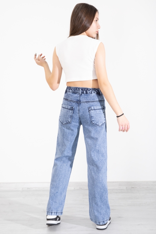 Mavi Beli Lastikli Geniş Paça Kalp Desenli Kız Çocuk Jean Pantolon 20406