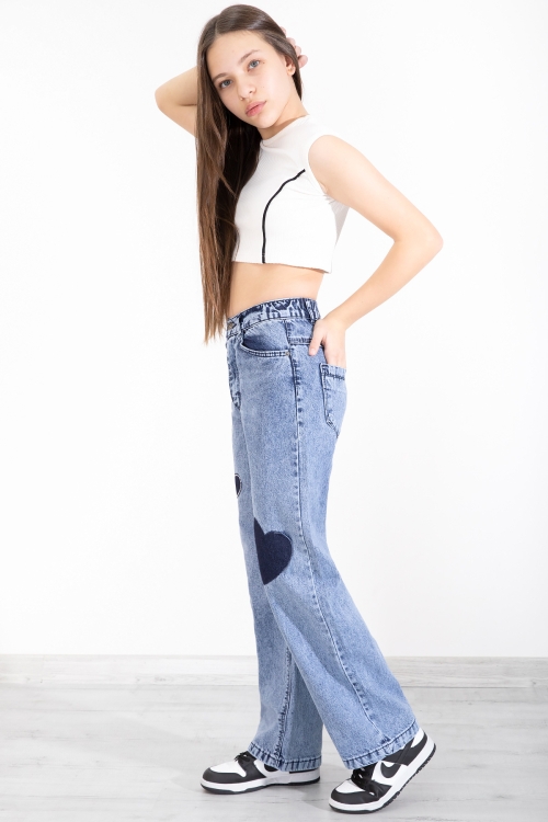 Mavi Beli Lastikli Geniş Paça Kalp Desenli Kız Çocuk Jean Pantolon 20406