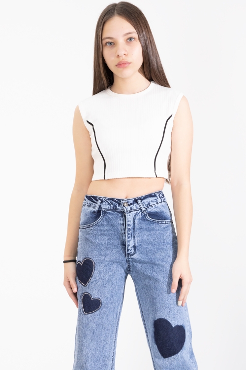 Mavi Beli Lastikli Geniş Paça Kalp Desenli Kız Çocuk Jean Pantolon 20406