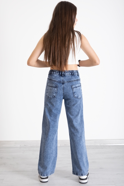 Mavi Beli Lastikli Geniş Paça Kız Çocuk Payetli Jean Pantolon 20320