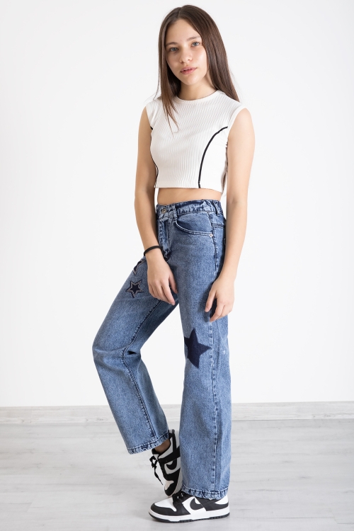 Mavi Beli Lastikli Geniş Paça Kız Çocuk Payetli Jean Pantolon 20320