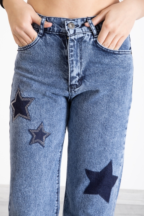 Mavi Beli Lastikli Geniş Paça Kız Çocuk Payetli Jean Pantolon 20320