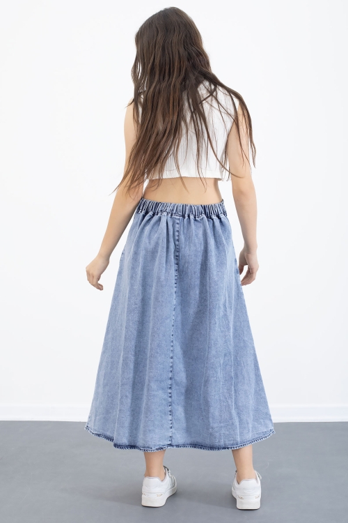 Mavi Beli Lastikli Uzun Kesim Kız Çocuk Jean Etek 20558