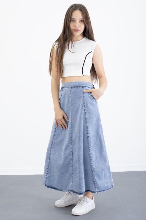 Mavi Beli Lastikli Uzun Kesim Kız Çocuk Jean Etek 20558