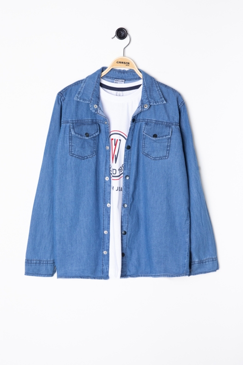 Mavi Bisiklet Yaka Tişörtlü Erkek Çocuk Göğüs Cepli Jean Gömlek 20080