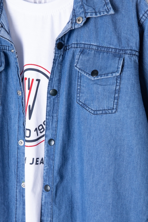 Mavi Bisiklet Yaka Tişörtlü Erkek Çocuk Göğüs Cepli Jean Gömlek 20080