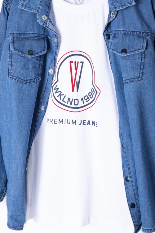 Mavi Bisiklet Yaka Tişörtlü Erkek Çocuk Göğüs Cepli Jean Gömlek 20080