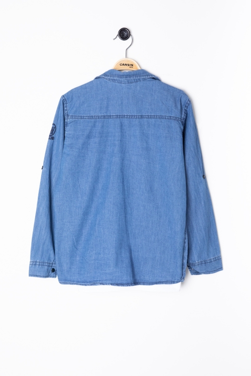 Mavi Bisiklet Yaka Tişörtlü Erkek Çocuk Göğüs Cepli Jean Gömlek 20080