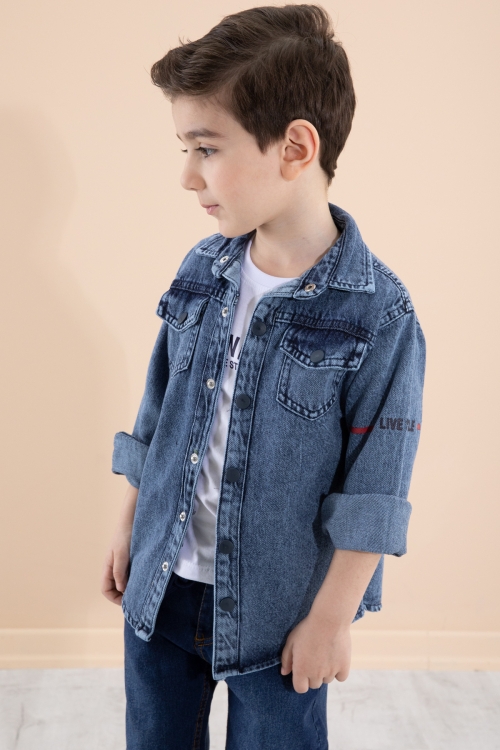 Mavi Bisiklet Yaka Tişörtlü Sırtı Baskılı Erkek Çocuk Jean Gömlek 20088