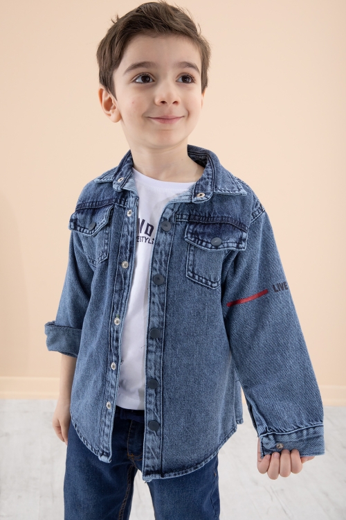 Mavi Bisiklet Yaka Tişörtlü Sırtı Baskılı Erkek Çocuk Jean Gömlek 20088