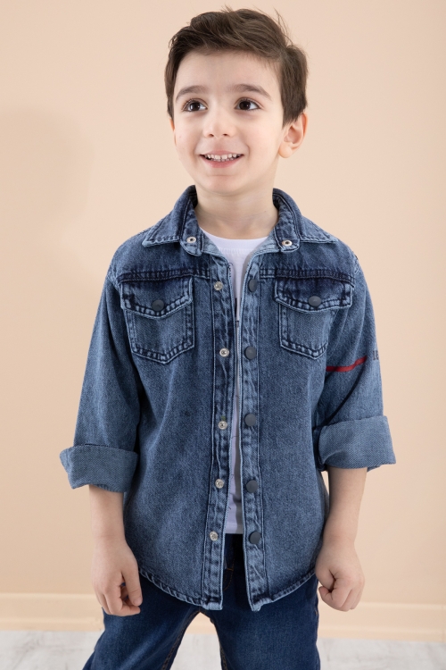 Mavi Bisiklet Yaka Tişörtlü Sırtı Baskılı Erkek Çocuk Jean Gömlek 20088