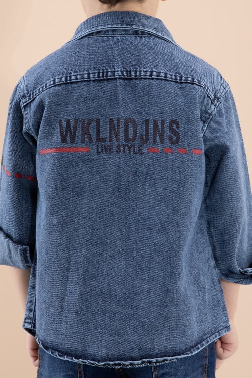 Mavi Bisiklet Yaka Tişörtlü Sırtı Baskılı Erkek Çocuk Jean Gömlek 20088