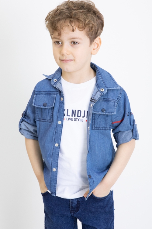 Mavi Bisiklet Yaka Tişörtlü Sırtı Baskılı Erkek Çocuk Jean Gömlek 20094