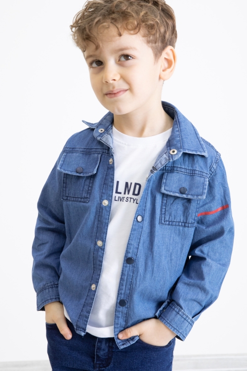 Mavi Bisiklet Yaka Tişörtlü Sırtı Baskılı Erkek Çocuk Jean Gömlek 20094