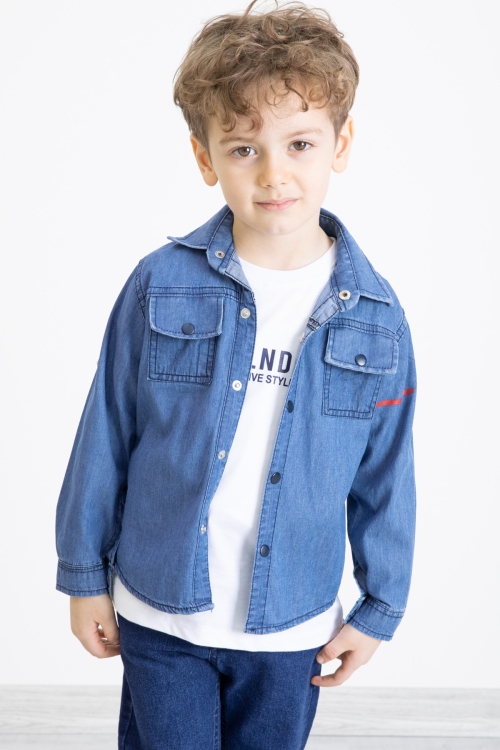 Mavi Bisiklet Yaka Tişörtlü Sırtı Baskılı Erkek Çocuk Jean Gömlek 20094