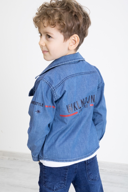 Mavi Bisiklet Yaka Tişörtlü Sırtı Baskılı Erkek Çocuk Jean Gömlek 20094