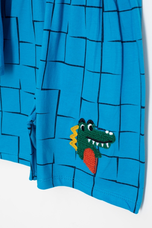 Mavi Dino Cep Nakışlı Kısa Kol Tişörtlü Erkek Çocuk Şortlu Takım 20578