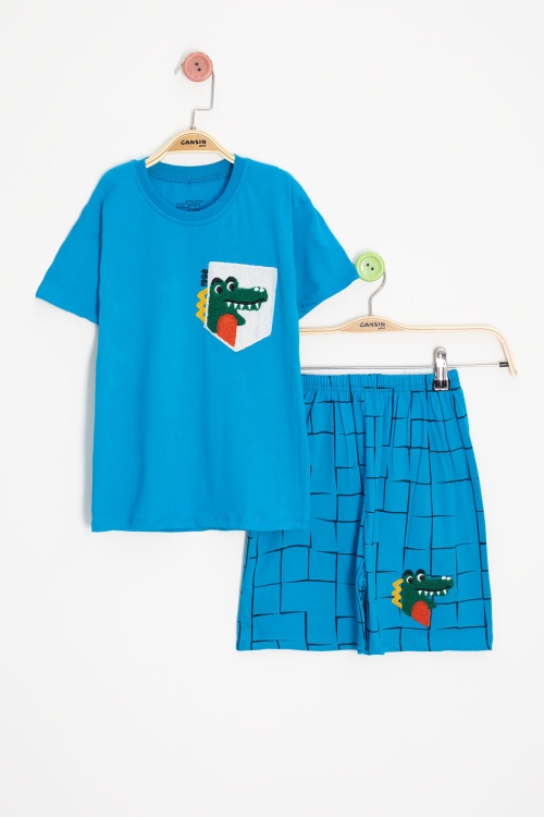 Mavi Dino Cep Nakışlı Kısa Kol Tişörtlü Erkek Çocuk Şortlu Takım 20578
