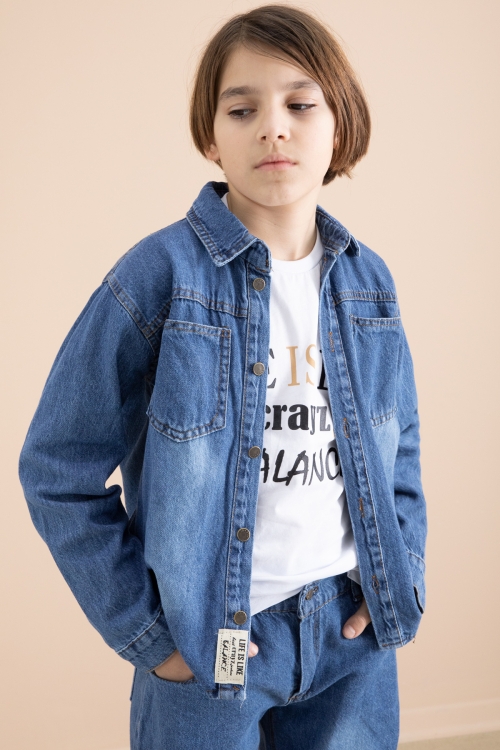 Mavi Düğmeli Jean Gömlekli Pantolonlu 3lü Erkek Çocuk Takım 19998