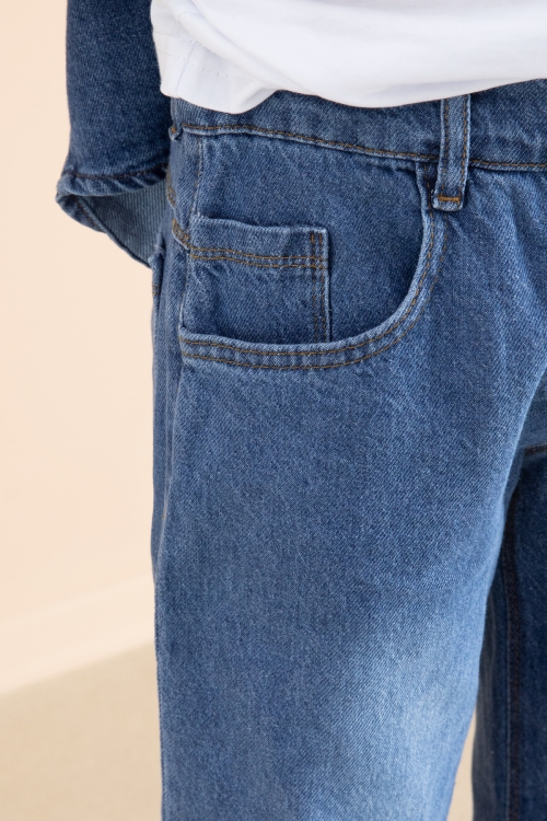 Mavi Düğmeli Jean Gömlekli Pantolonlu 3lü Erkek Çocuk Takım 19998